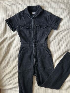 Good American Black Short-Sleeve Denim Utility Jumpsuit